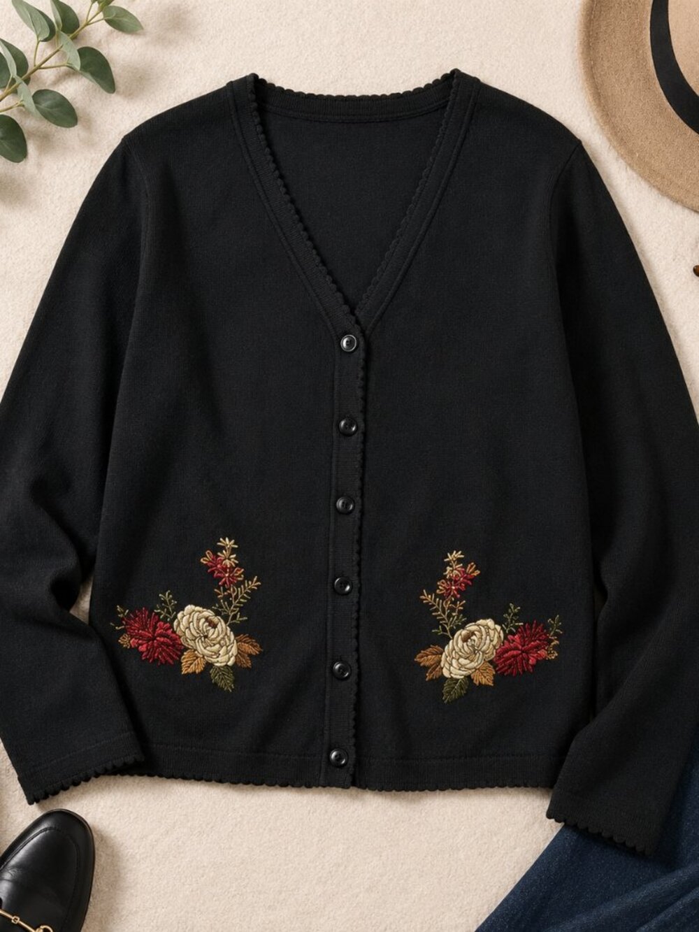 Southern Lady Floral Embroidered Cardigan Medium Black